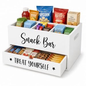 Wood Snack Organizer for Countertop, 4 Compartment Pantry Storage Bins with Drawer & Handles, Farmhouse Snack Bar Organizer for Kitchen Office, Food Container for Chips Candy Drinks (White)