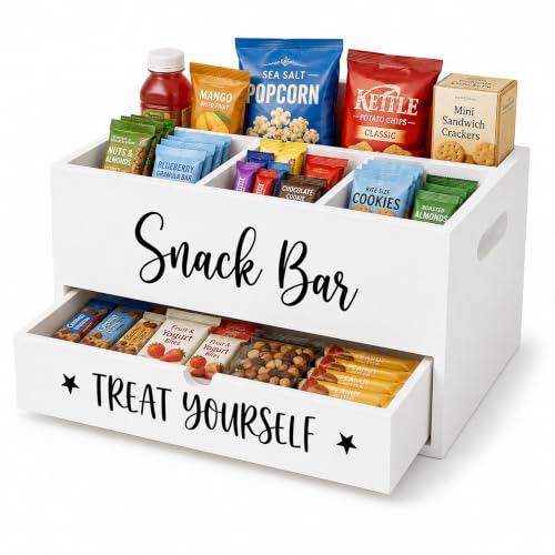 Wood Snack Organizer for Countertop, 4 Compartment Pantry Storage Bins with Drawer & Handles, Farmhouse Snack Bar Organizer for Kitchen Office, Food Container for Chips Candy Drinks (White)