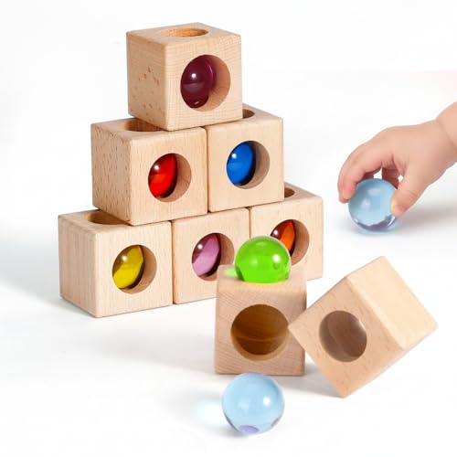 Woodtoe Montessori Stacking Toy for 3 4 5 6 Year Old, Rainbow Building Blocks for Toddlers, Acrylic Gem Ball Stacking Blocks & Wooden Blocks, Educational STEM Creative Sensory Toys for Boy Girl 3-6