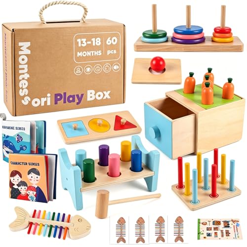 WoodTrove Wooden Montessori Toys for 1+ Year Old, 9-in-1 Learning Educational Set with 3-in-1 Activity Box, Pound Bench, Shape Puzzle, Cloth Books, Fishbone Matching & Ring Stacker