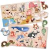 WoodTrove Wooden Peg Puzzles for Toddlers 1-3, 2 Pcs Montessori Puzzles, Animal & Sea Themes Puzzles, Great Preschool Educational Learning Gifts for Girls and Boys