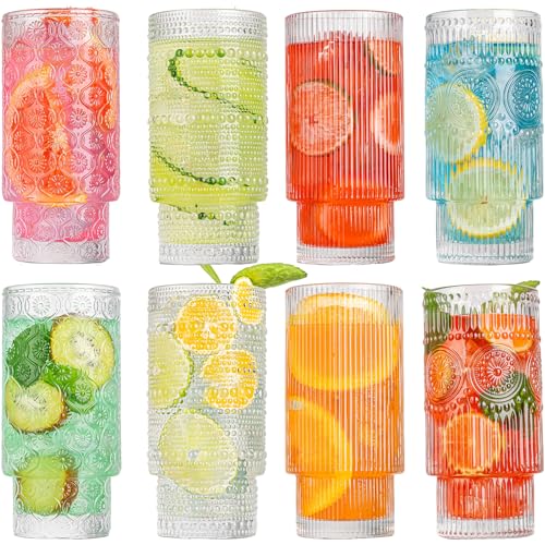 wookgreat Drinking Glasses, 16oz Origami Style Glass Cups with straw, 8 pcs Highball Glasses, Stackable Vintage Glassware, Ribbed Glasses, Iced Coffee Glasses Ideal for Cocktail Whiskey, Juice