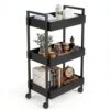 WOPITUES 3-Tier Wooden Rolling Utility Cart with Metal Handle, Mobile Organizer Trolley with 4 Lockable Wheels, Multifunctional Storage Cart for Kitchen, Nursery, Classroom, Living Room, Office, Black