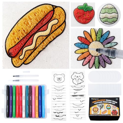 Woplagyreat 72Pcs Magic Foam Texture Painting Kit, 44 Foam Texture Sheets, 24 Colorful Brush & 2 Water Brushes, Water Expand Puffy 3D Art Set for Kid Ages 3-12 DIY Craft Supplies