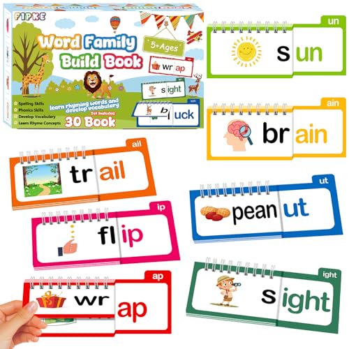 Word Family Build Book, 30 Read and Rhyme Flip Activity Book, ABC Vocabulary Flash Cards CVC Words Reading Games for Kids Ages 3-8 Preschool Learning Activities Families Educational Games