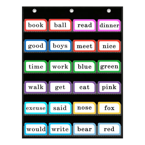Words Pocket Chart for Classroom, 20"W x 25"H Standard Pocket Chart with 6 Clear Pockets Reusable Hanging Daily Schedule Pocket Charts for Teacher Home Office Words Wall Letter Cards Sentence Strips