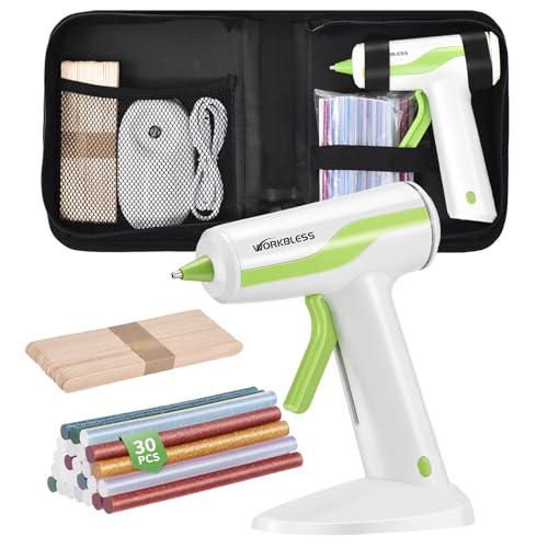 WorkBless 30PCS 0.28'' Hot Glue Gun and Sticks Set, Cordless Hot Glue Gun with 2Ah Rechargeable Battery, Smart Power-Off, Hot Glue Gun with Case,10PCS Wood Craft Sticks for Arts &Crafts, DIY
