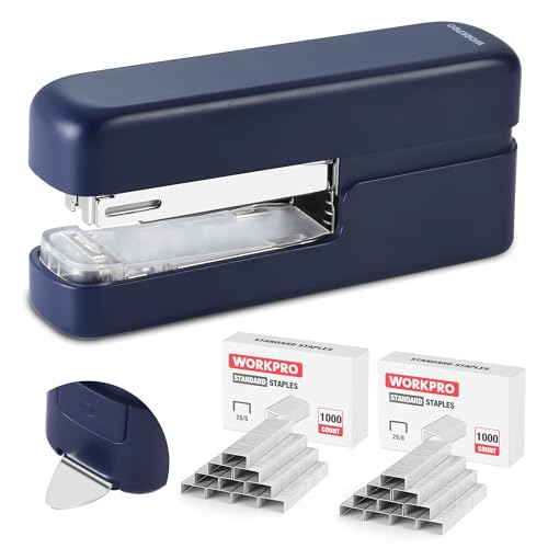 WORKPRO 2-in-1 Stapler with Staples & Staple Remover, 40 Sheet Capacity, Flat Clinch Design, Storage Space, Includes 2000 Standard Staples - Non-Slip Office Stapler for Desk, Classroom, Dark Blue