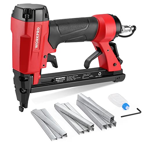 WORKPRO 8016 Pneumatic Staple Gun, 21 Gauge Upholstery Stapler with 1500pcs Staples 1/4" to 5/8", Air-Powered, Rear Exhaust, for Carpentry, Woodworking and DIY Projects
