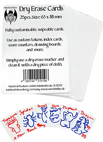 World of Dice - Dry Erase Token Set - 25 Rewritable Blank Cards for e.g. Magic The Gathering (MTG Tokens), Dungeons & Dragons (Spell Cards), Own Card Games (25 Pieces (63 x 88 mm))