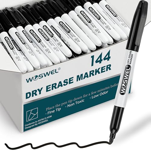 WOSWEL Dry Erase Markers Bulk, 144 Pack Black Fine Tip Whiteboard Marker, Fine Point, Low Odor Dry Erase Pen for School Office Home