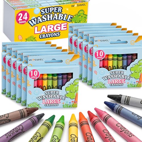 WOSWEL Super Washable Jumbo Crayons Bulk, 24 Pack Crayons with 10 Bright Colors, Non-Toxic Easy-Grip for Toddlers 1-3 & Kids Ages 4-8, Safe Art Supplies for Coloring Books & School Projects