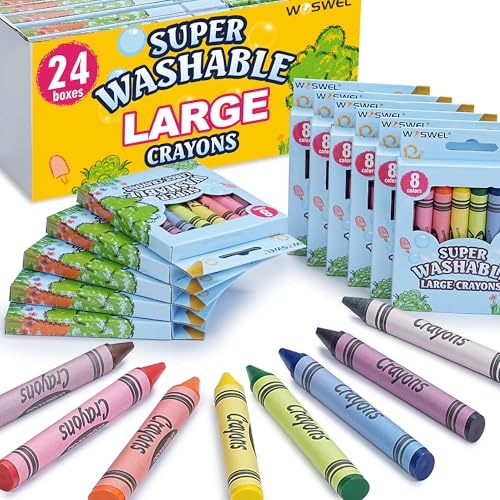 WOSWEL Super Washable Jumbo Crayons Bulk, 24 Pack Crayons with 8 Bright Colors, Non-Toxic Easy-Grip for Toddlers 1-3 & Kids Ages 4-8, Safe Art Supplies for Coloring Books & School Projects