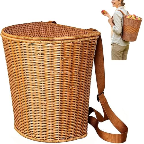 Woven Rattan Backpack Basket, Large Wicker Market Basket with Adjustable Straps, Harvest Basket for Gardening, Flower & Berry Picking, Grocery Shopping, Picnic, Farmers Market, Home Storage