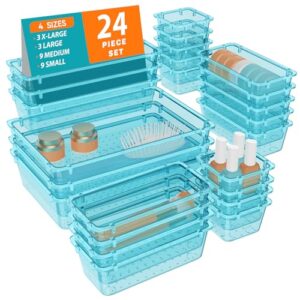 WOWBOX 24 PCS Plastic Drawer Organizer Set, 4 Sizes Desk Drawer Organization and Storage Containers for Makeup, Cosmetics, Jewelry and Gadgets in Kitchen, Bathroom, Bedroom, Office, Clear Sea Blue