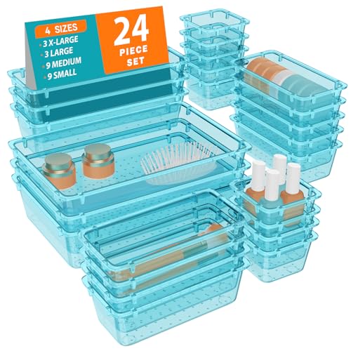 WOWBOX 24 PCS Plastic Drawer Organizer Set, 4 Sizes Desk Drawer Organization and Storage Containers for Makeup, Cosmetics, Jewelry and Gadgets in Kitchen, Bathroom, Bedroom, Office, Clear Sea Blue