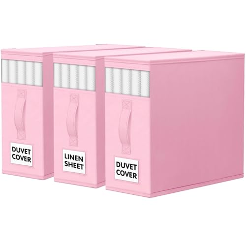 WOWBOX Sheet Organizers and Storage,Closet Bed Sheet Organizer Under Bed Storage and Organization with Label Cards & Clear Window for Bedding Sheets,Duvet Covers,Blankets (3 Pack,Pink)