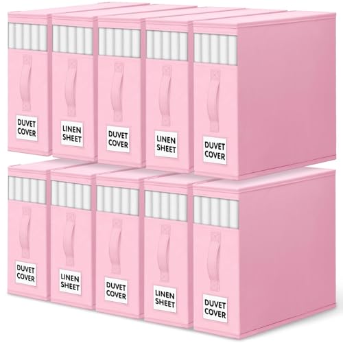 WOWBOX Sheet Organizers and Storage,Closet Bed Sheet Organizer Under Bed Storage and Organization with Label Cards & Clear Window for Bedding Sheets,Duvet Covers,Blankets (10 Pack,Pink)