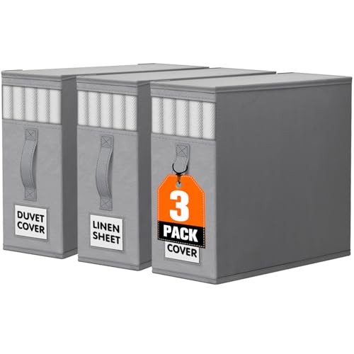 WOWBOX Sheet Organizers and Storage,Closet Bed Sheet Organizer Under Bed Storage and Organization with Label Cards & Clear Window for Bedding Sheets,Duvet Covers,Blankets (3 Pack,Gray)