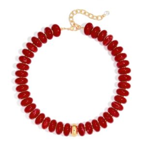 WOWORAMA Red Chunky Necklaces for Women Deep Red 18MM Abacus Resin Beaded Necklace Bold Statement Choker Necklace Vintage Jewelry for Wedding Christmas Party