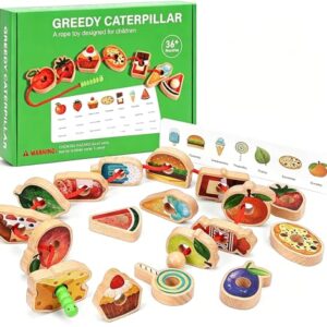 WRYBV Wooden Greedy Caterpillar Lacing Toy, Montessori Bead Stringing Game, Fine Motor Skills Exercises with 18 Large Fruit Wooden Blocks & 8 Pattern Cards