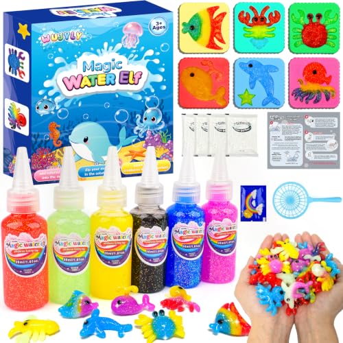 WUJYLY Magic Water Elf Kit, 3D Aqua Gelz Toy Maker with Ocean Animal Molds & Catching Net, Glitter Water Gels Sensory DIY Craft Kit, Fun Birthday Party Favors Gifts for Kids Girls Boys Ages 4-8