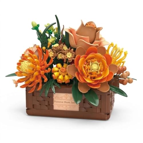 Wumngo Provence Bloom Sunrise Flower Basket Building Set, 1312PCS Warm Tone Floral Arrangement Blocks with Woven Basket, All Season Home Office Decor, Mindful Gift for Adults Teens 14+ Collectors