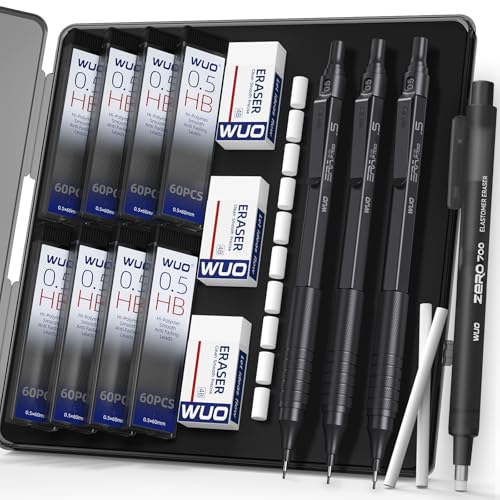 WUO 0.5mm Mechanical Pencil Set, 3 Black Metal Drafting Pencils with 480 HB Lead Refills, Precision Eraser Pen, 4B Erasers & Case, Mechanical Pencils for Writing, Drawing, Sketching & School