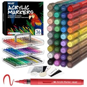 WUO 36 Colors Acrylic Paint Markers, Acrylic Paint Pens and Acrylic Markers with Brush Tip, Automatic Ink Control No-Bleed Paint Markers for Rock, Wood, Canvas, Glass, Ceramic, Fabric