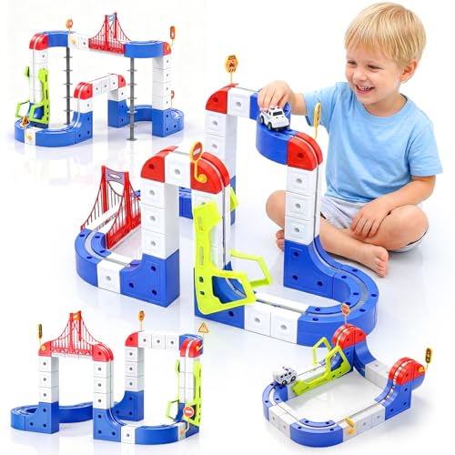 WUPIOS KlickRail Electric Train Set for Kids 3 4 5 6 7 8, 3D Flexible Race Track Magnetic Track Car with Gravity Defying Train Track Cube Track,115 PCS Car Track for Toddlers 3-5 STEM Learning Gift