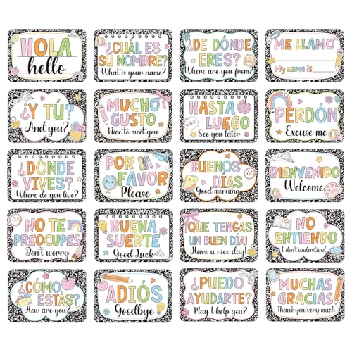 Wxiben Spanish Classroom Decor Posters - 20Pcs Spanish Words Phrases Posters, Español Classroom School Decorations Must Have, Bulletin Board Study Material for Preschool Teacher Students, Marble Style