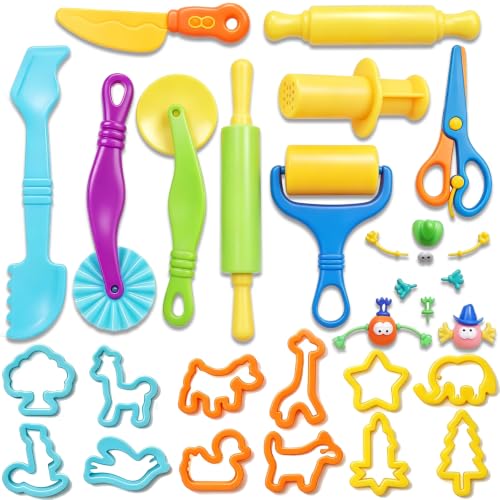 Wxqfumy Dough Tool Set, 28 Pcs Basic Dough Tools Kits for Kids, Dough Accessories Includes Cutters Roller, Rolling Pins, Safety Scissors, Plastic Knife