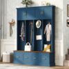 WZONICE98 Farmhouse Hall Tree 59 Inch Entryway Coat Rack with Hooks, Cabinets and Drawers, Navy Blue Storage Bench with Wood Seat for Mudroom Foyer, Farmhouse Entryway Storage Organizer