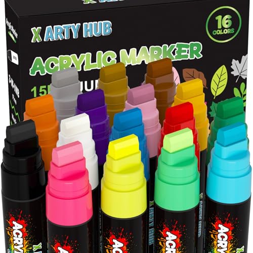 X ARTY HUB Jumbo Acrylic Paint Markers, 16 Colors (11 Classic, 2 Metallic, 3 Neon) Poster Markers with 15mm Thick Tip, Quick-Dry Paint Pens for Window Art, Banners, Signs & Large DIY Projects