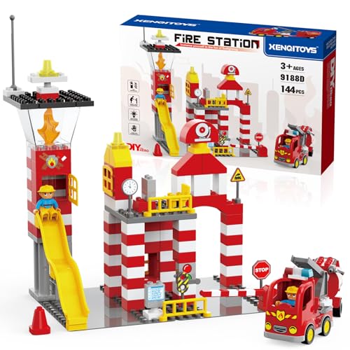 XENQITOYS Fire Station Playset, 144Pcs Classic Big Building Blocks Compatible with All Major Brand, Fire Station Toys, Fire Trucks for Toddlers 3-5, Firefighter Gifts, Firetruck Toys 3-5 Years Old