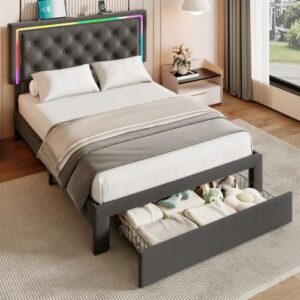 XEPAMU Twin Size Bed Frame with LED Headboard, Charging Station and Storage Drawer, Modern Platform Twin Bed with Wooden Slats, No Box Spring Needed, Grey