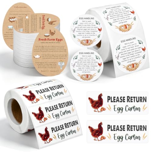XEQWZVFR 1200Pcs Farm Fresh Egg Stickers Set Include 500Pcs Market Egg Handling Stickers Unwashed Egg Sticker Labels,Please Return Egg Carton Labels Stickers Roll,200Pcs Handing Instruction Cards