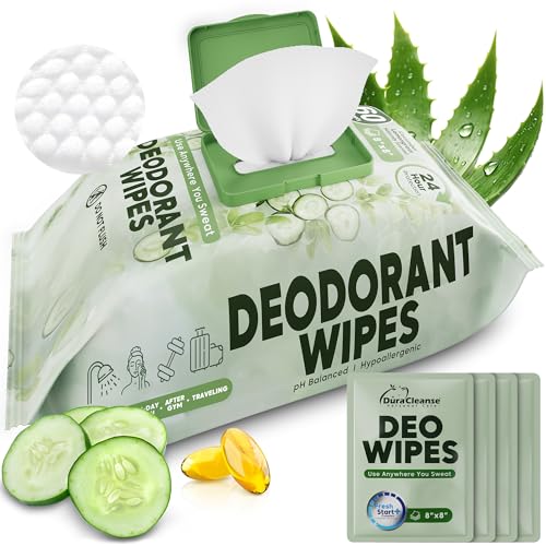 XL Deodorant Wipes for Women - 60 Ct. + 4 Travel Body Wipes Individually Wrapped - 8"x8" Odor Eliminator Towelettes for Underarm, Body, Feet - pH Balanced Armpit Smell Remover for Gym & Post Workouts