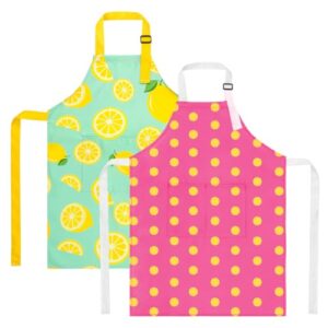 XLSXEXCL 2 Pack Kids Aprons, Cute Lemon Aprons for Kids with 2 Pockets, Toddler Artist Smocks for Girls and Boys for Cooking, Baking, Painting, 45 * 62cm (Lemon and Pink polka dots)
