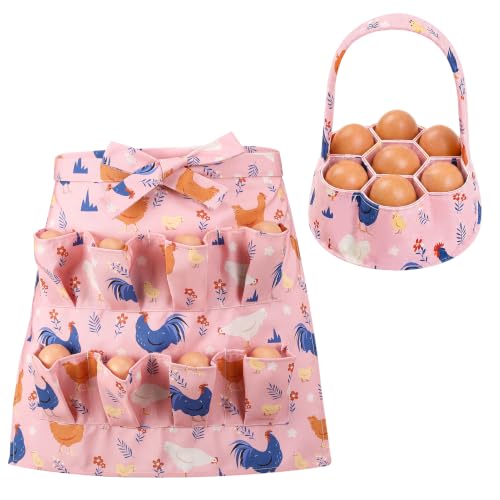 XLSXEXCL Egg Collecting Apron and Basket, 8 Pouches Chicken Egg Apron for Kids, 7 Pouches Egg Basket for Gathering Fresh Eggs for Hen, Duck, Goose, Bird, Various Poultry Collection (Pink)