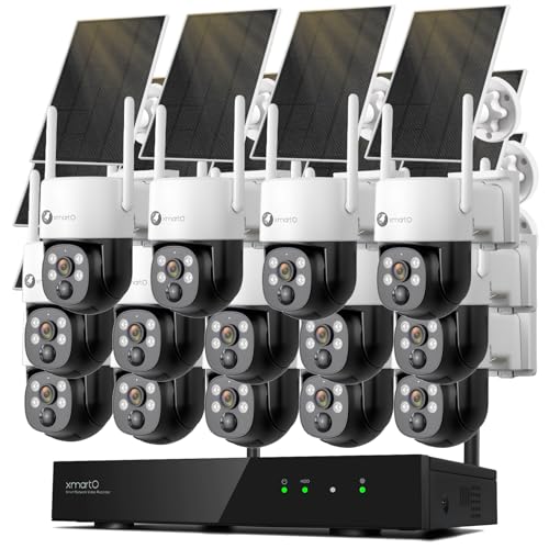 xmartO 16CH 14Pcs Wire-Free PTZ Solar Security Camera System Wireless, 16CH 4K Expandable WiFi 6 NVR, 2K 4MP QHD AI Tracking Cameras, All-Weather Solar Charge, Long-Range Wireless, No Monthly Fees