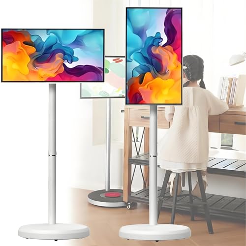 Xoiasth Mobile Smart Screen on Wheels with Rechargeable Battery,24/27/32 Inch Portable Touch Screen TV Stand,Android 13 Smart Monitor with 10-Point Touch, Swivel Rotation Rolling Monitor (32inches)