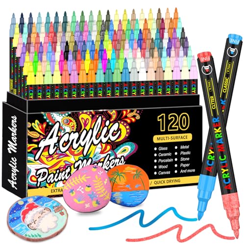 XPaoFey 120 Colors Acrylic Paint Markers, Extra Fine Tip for Rock Painting, Canvas, Wood, Ceramic, Glass - Quick-Dry & Non-Toxic