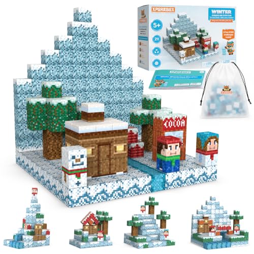 XploraBlox 211 PCS Magnetic Blocks - Beach Pixel World Click Blocks Magnetic Building Cubes, 0.8in Magnet Blocks STEM Toys for Kids Ages 5-12, Screen Free Building Toy (Winter Wonderland Set)