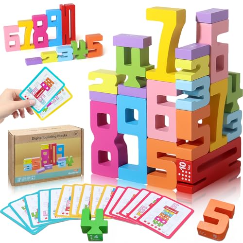 XPQKDC Wooden Number Building Blocks - 20Pcs Stacking for 3+ Years Old Kids, Digital Building Blocks, 1-10 Digital Blocks Toys, Balance Competition Toy, Educational Gift for Boys and Girls