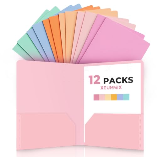 Xrunmix 6 Pack Plastic Folders with Pockets, Extra Thick 2 Pocket Folders, Stay-Put Tabs for Letter Size Paper, Aesthetic Pastel Colors, Water-Resistant File Folders for School, Office & College (12)