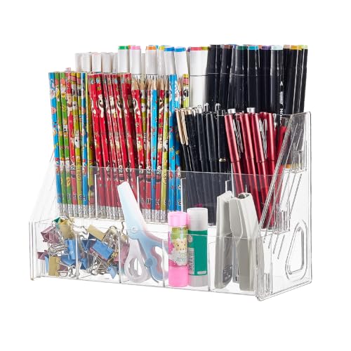 XRXYX Acrylic Pen Pencil Holder for Desk With 15 Compartment Desk Organizers and Accessories,Durable Material Can Hold Pen Brush Cosmetic Scissor Clip Tape staplers Fit Home Office School(3 Tier)