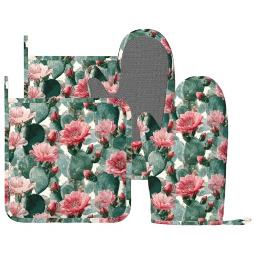 XSHHQWEZ Boho Cactus Flower Pattern Oven Mitts and Pot Holders Sets Trendy Succulent Print Silicone Kitchen Gloves Potholders 4Pcs Cute Floral Design Cooking Mittens Hot Pads for Chef Baking Grilling