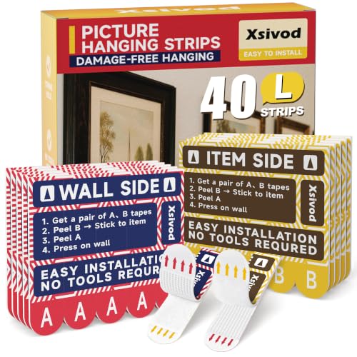 XSIVOD Picture Hanging Strips Heavy Duty, Damage Free Wall Hangers No Nails, Removable Adhesive Hook and Loop Strips for Frames, Posters, Wall Decor, Renter Friendly, L 40 Strips (20 Pairs)