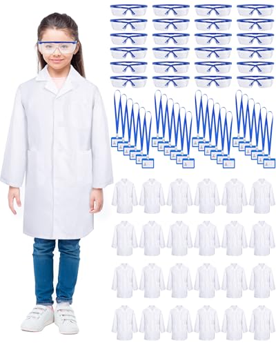 Xtinmee 24 Sets Kids Lab Coat Science Kit Bulk Scientist Dentist Dress Costumes for Children with Goggles ID Cards for Classroom (Medium)